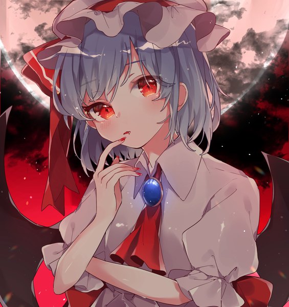 Anime picture 1600x1700 with touhou remilia scarlet yurui tuhu single tall image looking at viewer blush short hair red eyes blue hair sky upper body nail polish fang (fangs) puffy sleeves finger to mouth symbol-shaped pupils bat wings red sky girl