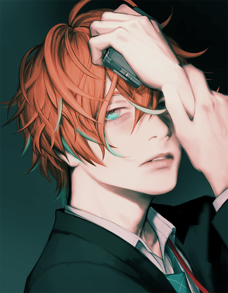Anime picture 800x1028 with hypnosis mic kannonzaka doppo 9ibem single tall image looking at viewer fringe short hair simple background hair between eyes parted lips multicolored hair aqua eyes orange hair realistic two-tone hair streaked hair portrait dark background hand on head