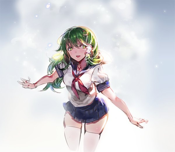 Anime picture 1150x1000 with touhou kochiya sanae kishiyo single long hair looking at viewer blush green eyes cloud (clouds) green hair zettai ryouiki girl thighhighs skirt uniform hair ornament miniskirt white thighhighs serafuku hair tubes