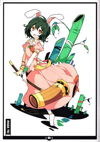 Anime picture 4306x6087 with touhou inaba tewi ideolo single tall image looking at viewer highres short hair open mouth black hair red eyes white background animal ears absurdres scan bunny ears character names girl plant (plants) bamboo