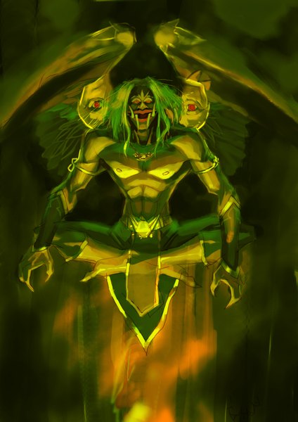 Anime picture 2480x3508 with original bonggo single tall image highres red eyes green hair teeth fang (fangs) topless flying demon boy wings jewelry