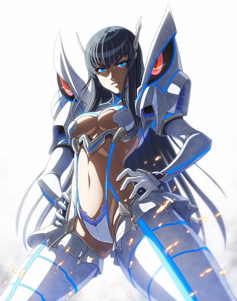 Anime picture 1513x1920 with kill la kill studio trigger kiryuuin satsuki imizu (nitro unknown) single long hair tall image looking at viewer breasts light erotic black hair simple background white background cleavage aqua eyes hand on hip girl gloves navel uniform