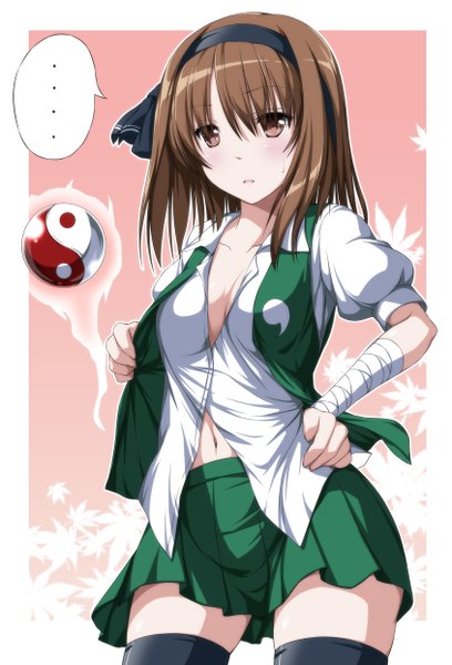 Anime picture 845x1241 with touhou hakurei reimu konpaku youmu nori tamago single tall image short hair brown hair brown eyes cosplay konpaku youmu (cosplay) girl thighhighs skirt black thighhighs shirt hairband skirt set