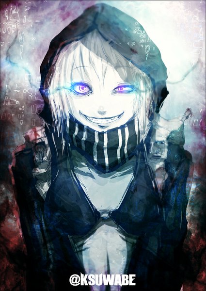 Anime picture 726x1025 with kantai collection re-class battleship kei-suwabe single tall image looking at viewer short hair purple eyes white hair grin glowing glowing eye (eyes) white skin sketch shinkaisei-kan crazy smile girl hood hoodie