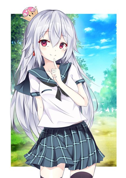 Anime-Bild 1200x1698 mit super mario bros. new super mario bros. u deluxe princess king boo ai cao single long hair tall image blush fringe smile hair between eyes standing payot looking away sky silver hair cloud (clouds) outdoors pleated skirt pink eyes