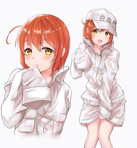 イラスト 1895x2047 と はたらく細胞 david production white blood cell (hataraku saibou) ae-3803 red blood cell (hataraku saibou) 夢葉つぇる 長身像 カメラ目線 赤面 前髪 highres 開いた口 simple background 立つ 白背景 黄色眼 アホ毛 赤髪 inscription bare legs