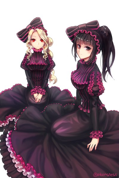 Anime picture 1000x1500 with overlord (maruyama) madhouse shalltear bloodfallen narberal gamma aken long hair tall image looking at viewer blush fringe breasts black hair blonde hair simple background red eyes large breasts white background sitting multiple girls signed