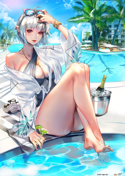 Anime picture 3000x4200 with qurare: magic library original imp single tall image looking at viewer blush fringe highres short hair breasts light erotic smile red eyes large breasts sitting holding cleavage silver hair full body