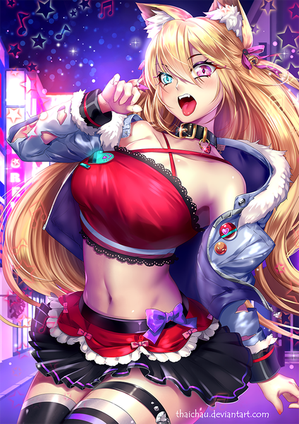 Anime picture 744x1052 with original riiya (mabong1989) single long hair tall image looking at viewer blush fringe open mouth blue eyes light erotic blonde hair hair between eyes standing bare shoulders signed animal ears outdoors nail polish pleated skirt