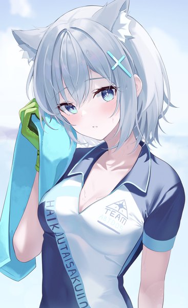 Anime picture 1100x1800 with blue archive shiroko (blue archive) shiroko (cycling) (blue archive) mizu (lzzrwi603) single tall image blush fringe short hair blue eyes hair between eyes animal ears cleavage silver hair upper body sweat official alternate costume extra ears girl towel