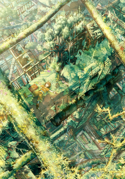 Anime picture 1049x1500 with original nekoneto tall image brown hair sleeping scenic boy flower (flowers) plant (plants) tree (trees) book (books) building (buildings) fence moss