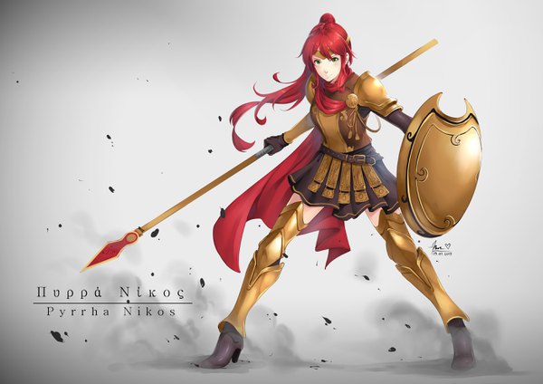 Anime-Bild 2807x1984 mit rwby rooster teeth pyrrha nikos lulu-chan92 single long hair looking at viewer fringe highres smile standing green eyes signed full body ponytail red hair pleated skirt grey background high heels character names