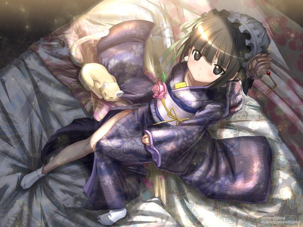 Anime picture 1200x900 with ikoku meiro no croisee satelight yune (ikoku meiro no croisee) kimura tatsuki single short hair black hair japanese clothes black eyes loli girl kimono cat