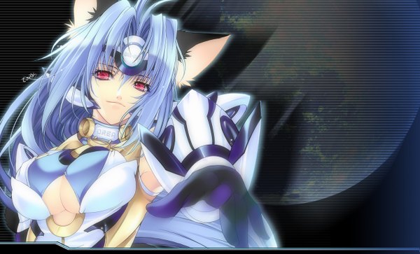 Anime picture 1280x776 with xenosaga monolith software kos-mos long hair red eyes wide image animal ears blue hair cat girl girl planet