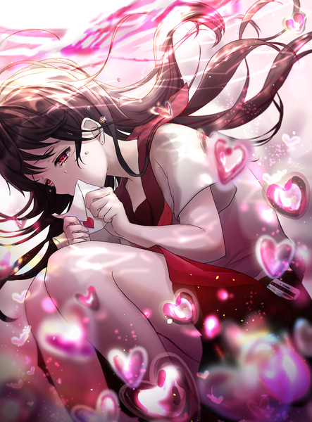 Anime picture 2647x3582 with original rain (leying2626) single long hair tall image fringe highres black hair red eyes holding bent knee (knees) pleated skirt tears looking down underwater covered mouth crying embryo's pose girl skirt