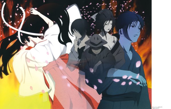 Anime picture 5115x3278 with hell girl studio deen enma ai hone onna wanyuudo ichimoku ren highres multiple girls absurdres japanese clothes scan pale skin transparent hair over eyes old man hat over eyes girl boy bow ribbon (ribbons)