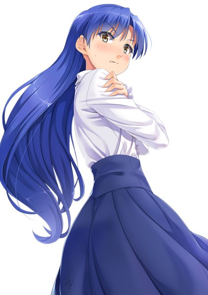 Anime picture 827x1169 with idolmaster kisaragi chihaya miri (ago550421) single long hair tall image blush simple background white background brown eyes signed blue hair looking away from below crossed arms girl skirt blouse