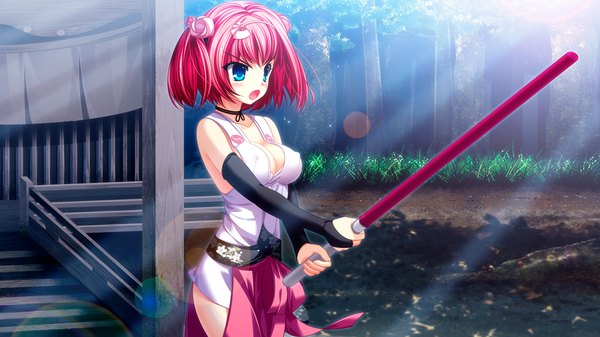 Anime picture 1280x720 with chusingura46+1 ooishi sakura nui (artist) single blush short hair open mouth blue eyes light erotic wide image bare shoulders game cg cleavage red hair angry girl gloves hair ornament weapon plant (plants)