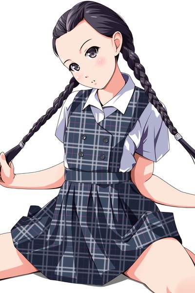 Anime picture 800x1200 with original matsunaga kouyou single long hair tall image looking at viewer blush black hair simple background white background braid (braids) black eyes girl