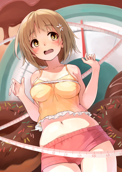 Anime picture 1359x1920 with idolmaster idolmaster cinderella girls mimura kanako rjngo single tall image blush short hair open mouth light erotic brown hair bare shoulders brown eyes looking away cleavage hair flower blurry no bra arms up bare belly