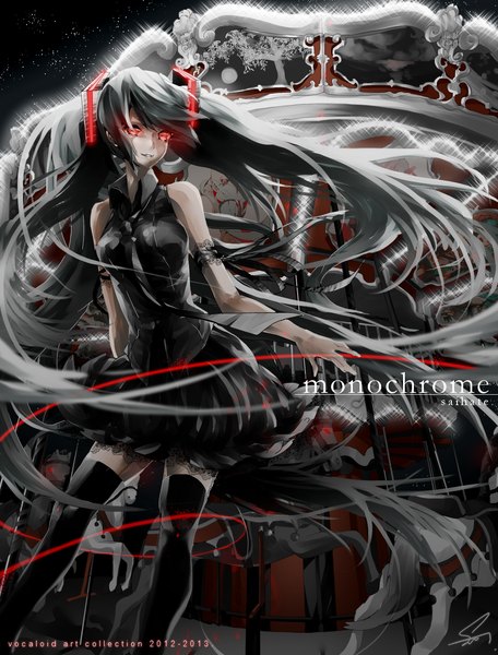 Anime picture 1059x1392 with vocaloid hatsune miku saihate (d3) single tall image looking at viewer fringe breasts smile red eyes standing twintails very long hair pleated skirt wind inscription night night sky glowing monochrome