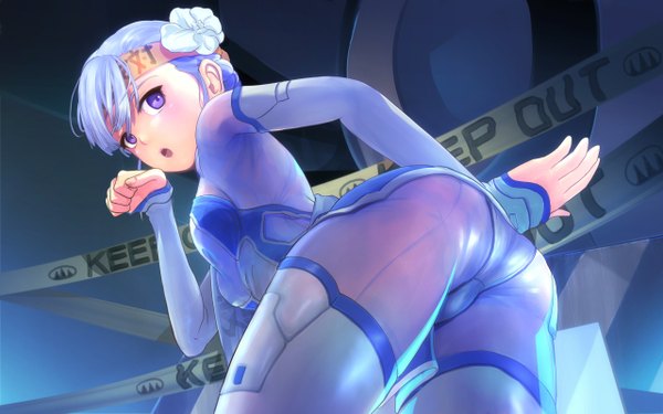 Anime picture 1280x800 with rinne no lagrange production i.g fin e ld si laffinty pakupaku choppu single fringe open mouth light erotic wide image purple eyes silver hair ass looking back hair flower paw pose girl hair ornament flower (flowers) bodysuit caution tape