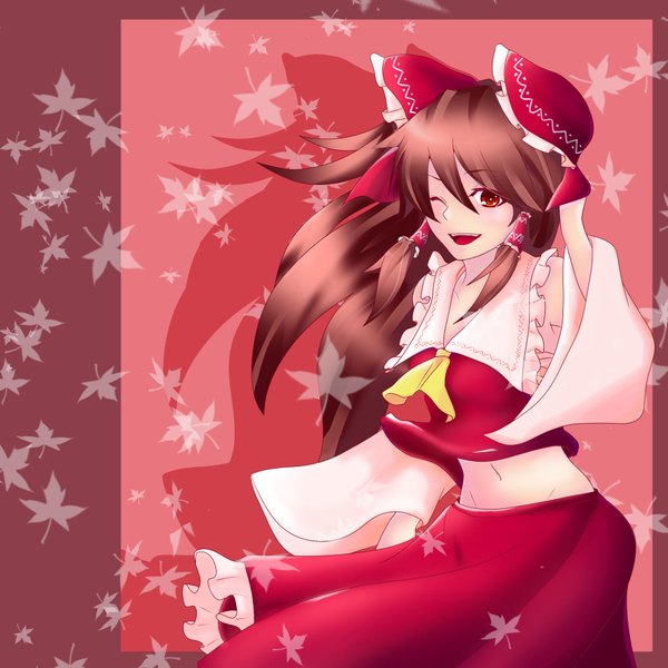 Anime picture 1929x1929 with touhou hakurei reimu highres smile red eyes brown hair braid (braids) twin braids miko girl skirt bow detached sleeves leaf (leaves) skirt set
