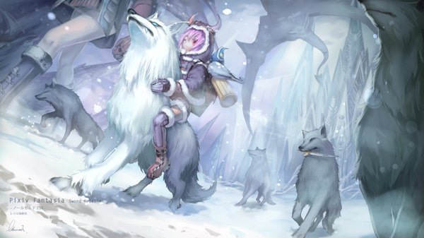 Anime picture 1601x900 with original pixiv fantasia pixiv fantasia sword regalia observerz short hair wide image sitting signed pink hair one eye closed pink eyes horn (horns) wink snowing winter snow giant girl animal boots