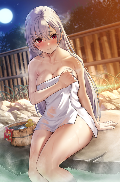 Anime picture 2015x3035 with original shio (shirone) solar (happymonk) single long hair tall image looking at viewer blush fringe highres breasts light erotic hair between eyes red eyes large breasts sitting outdoors white hair night arm support