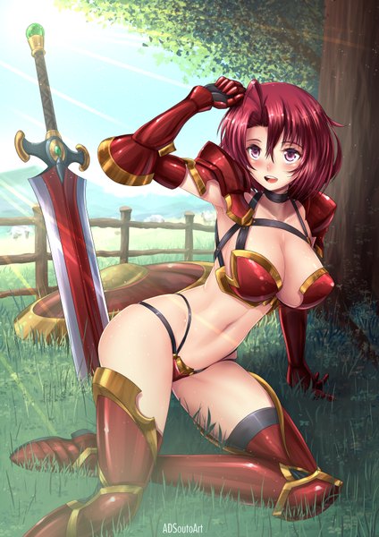 Anime picture 1240x1754 with goblin slayer! cow girl (goblin slayer!) adsouto single tall image blush fringe short hair breasts open mouth light erotic hair between eyes large breasts sitting purple eyes signed sky full body ahoge outdoors