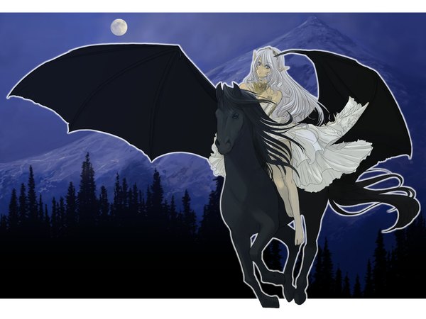 Anime picture 1024x768 with original souldeep long hair white hair pointy ears mountain wings moon horse