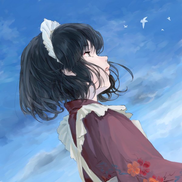Anime picture 1200x1200 with original yuki kachai single fringe short hair black hair looking away sky traditional clothes parted lips japanese clothes from below maid floral print looking up wa maid girl uniform animal headdress