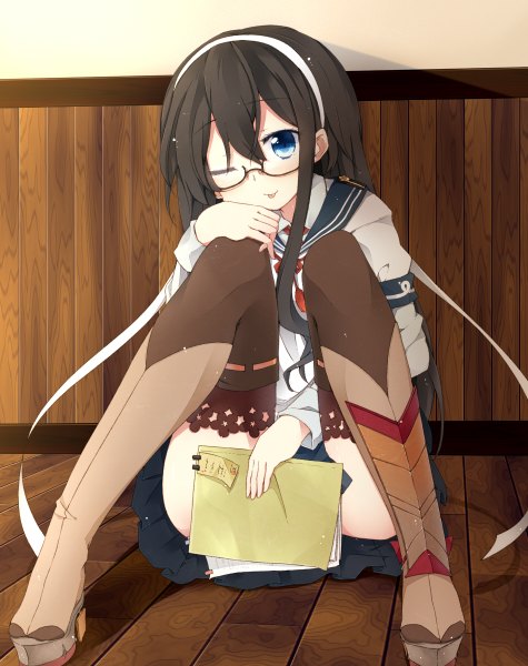 Anime picture 950x1200 with kantai collection ooyodo light cruiser fuuen (akagaminanoka) single long hair tall image blush blue eyes light erotic black hair sitting one eye closed wink :p girl thighhighs skirt miniskirt glasses boots