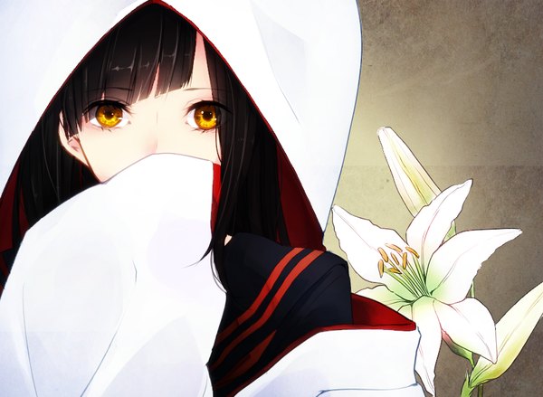 Anime picture 900x659 with original ume konbu single long hair looking at viewer fringe black hair yellow eyes traditional clothes japanese clothes covering covering face girl uniform flower (flowers) serafuku hood lily (flower)