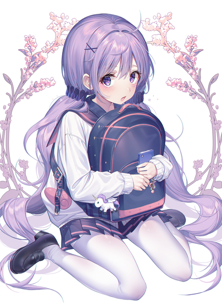 Anime picture 1500x2076 with azur lane unicorn (azur lane) unicorn (amusement park date) (azur lane) kinty single tall image looking at viewer blush fringe simple background hair between eyes white background sitting twintails purple eyes holding purple hair full body ahoge long sleeves