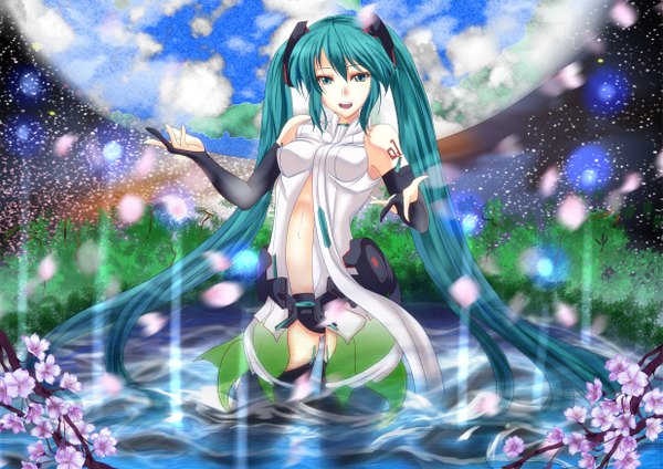 Anime picture 2473x1748 with vocaloid vocaloid append hatsune miku hatsune miku (append) oimari (artist) highres twintails green eyes green hair girl flower (flowers) detached sleeves water planet