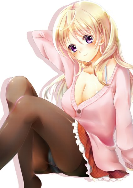 Anime picture 600x848 with original maronie. single long hair tall image blush simple background blonde hair smile white background cleavage pleated skirt pink eyes girl skirt underwear panties pantyhose frills panties under pantyhose