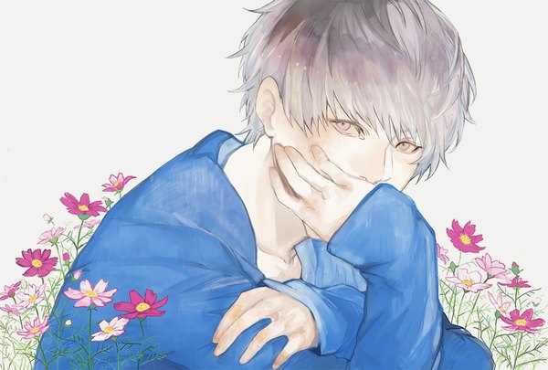 Anime picture 1049x709 with original meiya1230 single looking at viewer short hair simple background sitting grey hair grey eyes covered mouth boy flower (flowers) cosmos (flower)
