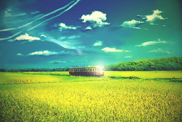 Anime picture 900x602 with original xi chen chen signed sky cloud (clouds) dated horizon no people field plant (plants) tree (trees) ground vehicle train