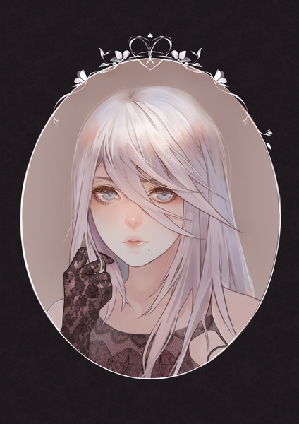 Anime picture 1000x1414 with nier nier:automata yorha type a no. 2 fuwaffy single long hair tall image looking at viewer fringe blue eyes hair between eyes silver hair lips mole portrait mole under mouth animal print butterfly print girl gloves