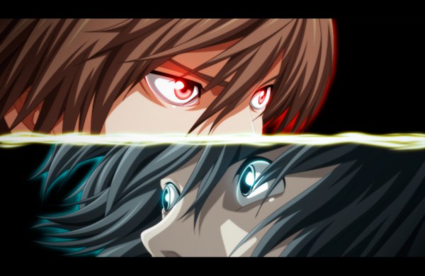 Anime picture 1000x650 with death note madhouse yagami light l (death note) jbeenz short hair blue eyes black hair simple background red eyes brown hair coloring black background close-up face multiview manga boy