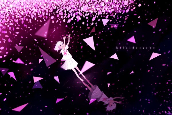 Anime picture 1600x1079 with tamayo (artist) short hair blonde hair purple eyes barefoot reflection girl uniform school uniform petals water