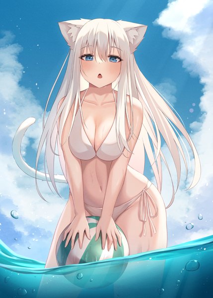 Anime picture 777x1087 with original fuka kurotsuji single long hair tall image looking at viewer fringe breasts blue eyes light erotic hair between eyes large breasts animal ears sky cloud (clouds) white hair tail animal tail cat ears cat girl