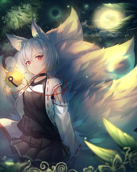 Anime picture 1000x1250 with original sugar (dndi888) single tall image looking at viewer fringe short hair hair between eyes red eyes sitting animal ears silver hair outdoors tail animal tail pleated skirt blurry night wide sleeves depth of field