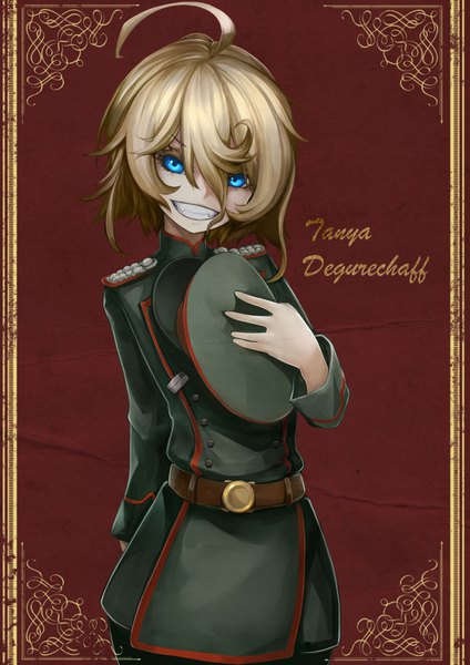 Anime picture 1061x1500 with youjo senki tanya degurechaff hachachi single tall image looking at viewer fringe short hair open mouth blue eyes blonde hair simple background smile hair between eyes standing ahoge upper body long sleeves arm up inscription