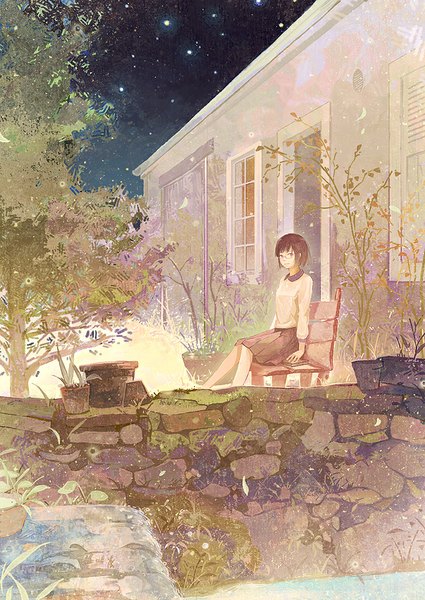 Anime picture 708x1000 with original gemi single tall image looking at viewer short hair brown hair sitting brown eyes sky night girl skirt plant (plants) tree (trees) water glasses building (buildings) star (stars) sweater