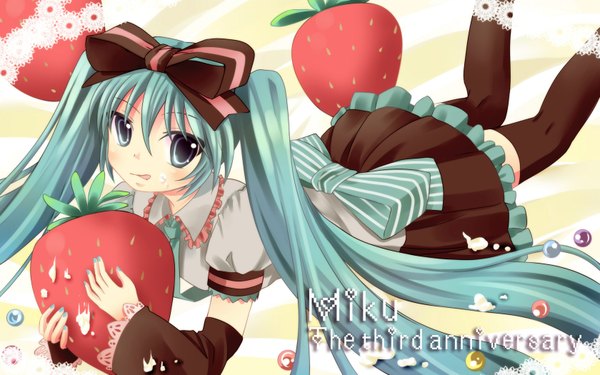 Anime picture 1680x1050 with vocaloid hatsune miku single looking at viewer fringe hair between eyes wide image twintails bent knee (knees) lying very long hair nail polish fingernails wide sleeves on stomach licking girl detached sleeves food tongue