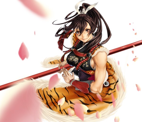 Anime picture 1200x1031 with original pixiv fantasia simuka (kazakami) single long hair black hair brown eyes ponytail muscle warrior girl weapon petals