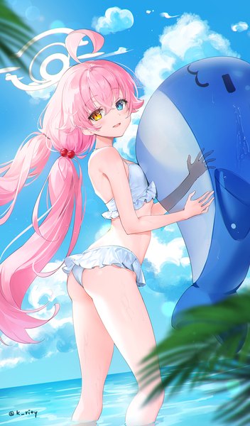 Anime picture 1162x1980 with blue archive hoshino (blue archive) hoshino (swimsuit) (blue archive) rity single long hair tall image looking at viewer fringe light erotic hair between eyes standing twintails holding pink hair sky cloud (clouds) ahoge outdoors ass