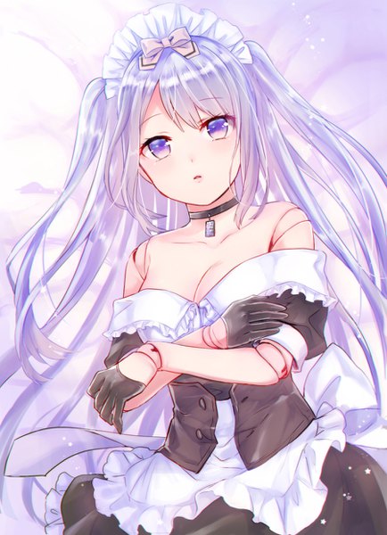 Anime picture 900x1244 with original neme single long hair tall image looking at viewer blush fringe breasts light erotic purple hair lying parted lips from above off shoulder maid on back two side up undressing doll joints
